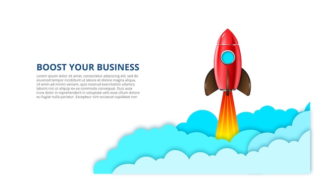 PSD infographie de démarrage avec fusée rouge et nuages boostez l'illustration de votre entreprise