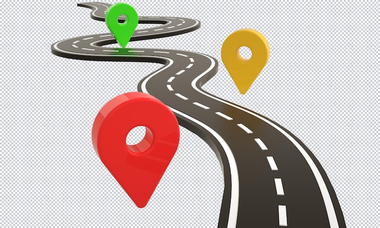 PSD infographie de la route sinueuse et emplacement de la carte broche rendu conception fond isolé