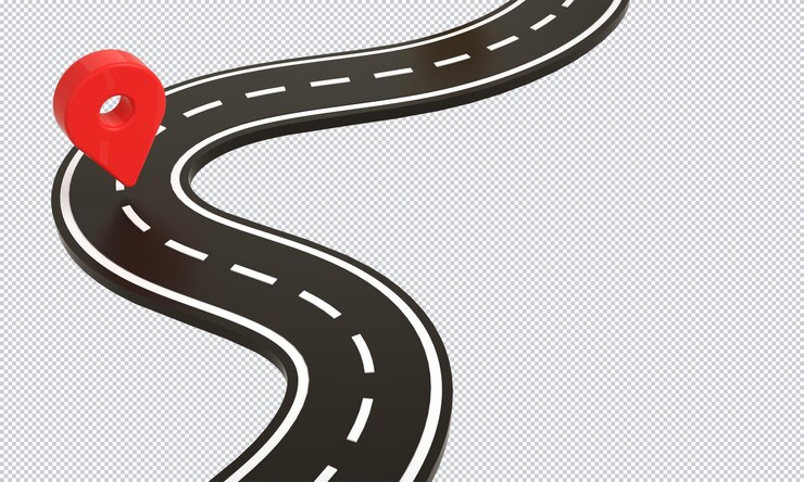 PSD infographie de la route sinueuse et emplacement de la carte broche rendu conception fond isolé
