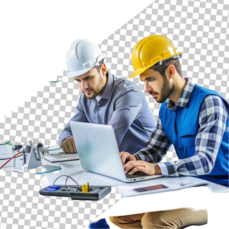 PSD información importante tres hombres con casco protector mirando la computadora portátil con interés mientras están de pie en el sitio de construcción durante el día
