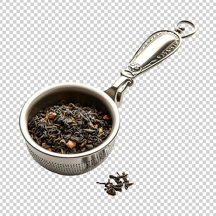 PSD un infusor de té plateado lleno de té de hojas sueltas aislado sobre un fondo transparente