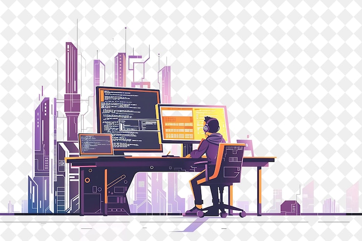 PSD ingegnere software futuristico con codifica di caratteri e deve png persone nell'illustrazione del lavoro quotidiano