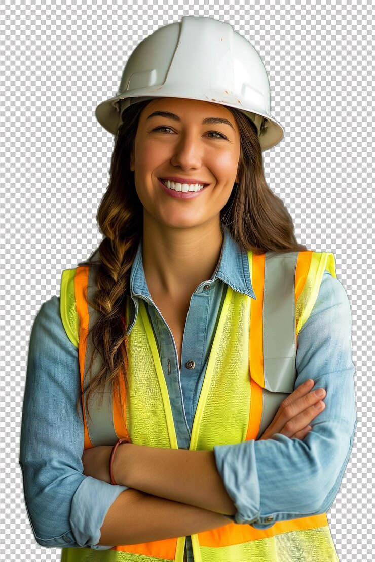 PSD ingeniera con casco de pie con los brazos cruzados y sonriendo
