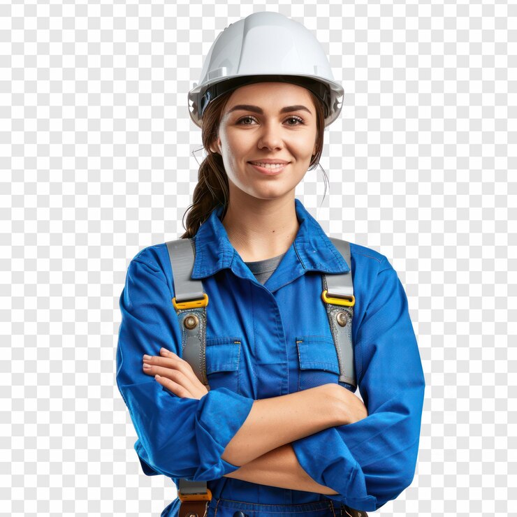 PSD ingeniera sonriente con los brazos cruzados en ropa de trabajo azul y seguridad en fondo transparente psd
