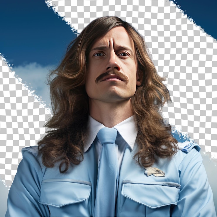 PSD ingeniero aeroespacial eslavo desorientado en una pose de labios en primer plano contra el cielo pastel