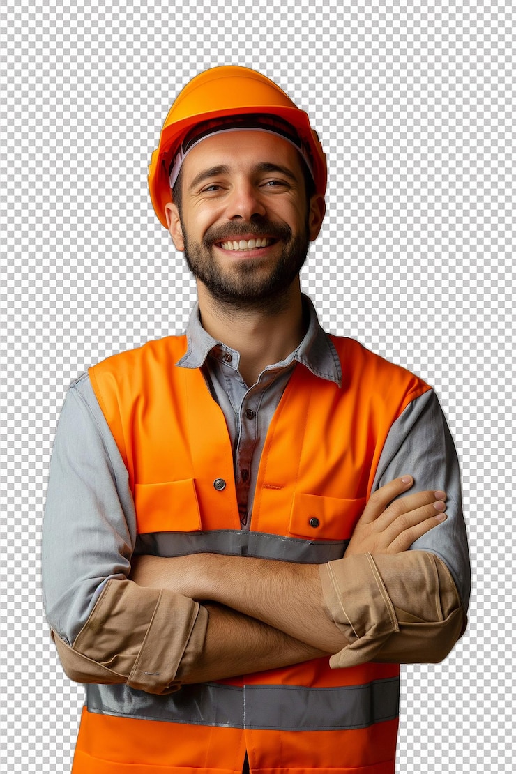 PSD ingeniero con casco de pie con los brazos cruzados y sonriendo con confianza