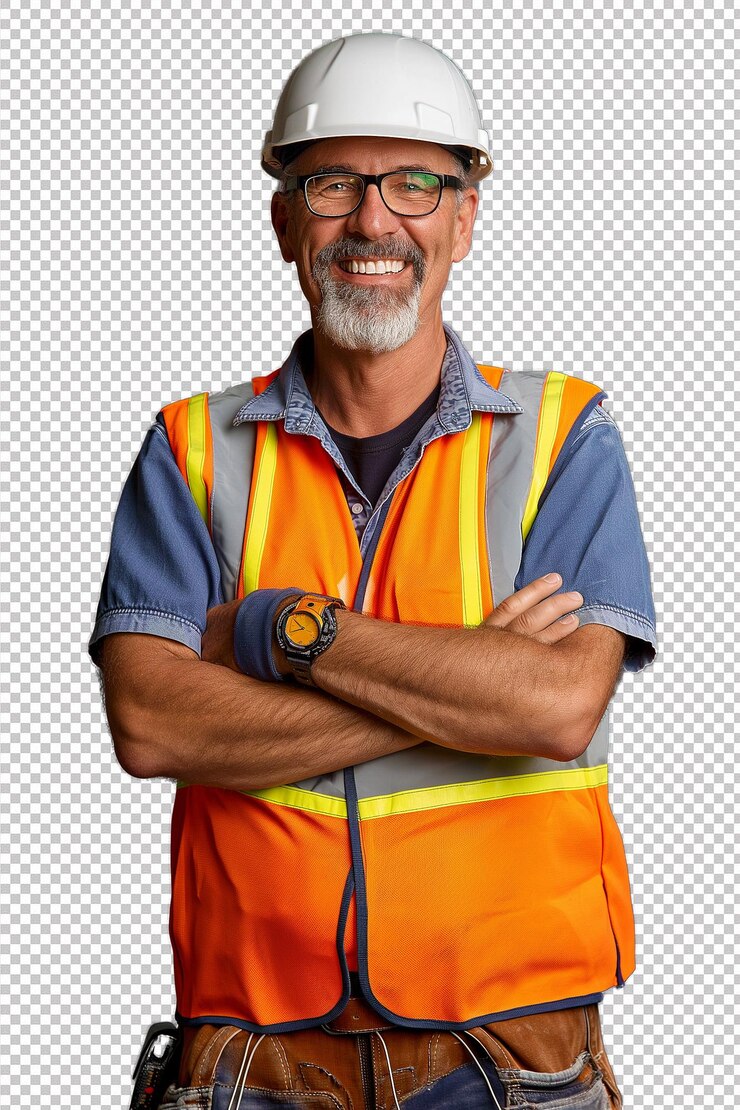 Ingeniero con casco de pie con los brazos cruzados y sonriendo con confianza