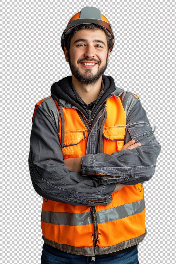 Ingeniero con casco de pie con los brazos cruzados y sonriendo con confianza