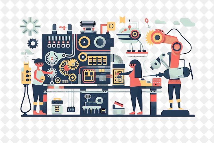 PSD ingeniero experto en tecnología con caracteres construyendo y probando mac png gente en la ilustración de trabajo diario