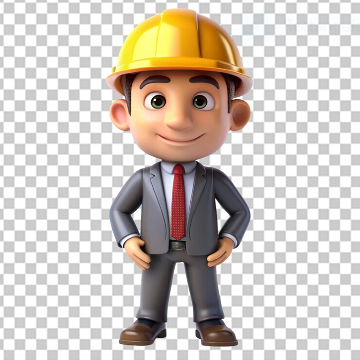 PSD ingeniero en formato de dibujos animados con casco en fondo transparente