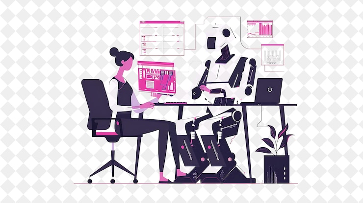PSD ingeniero de ia futurista con personajes diseñando y desarrollando personas png en la ilustración de trabajo diario