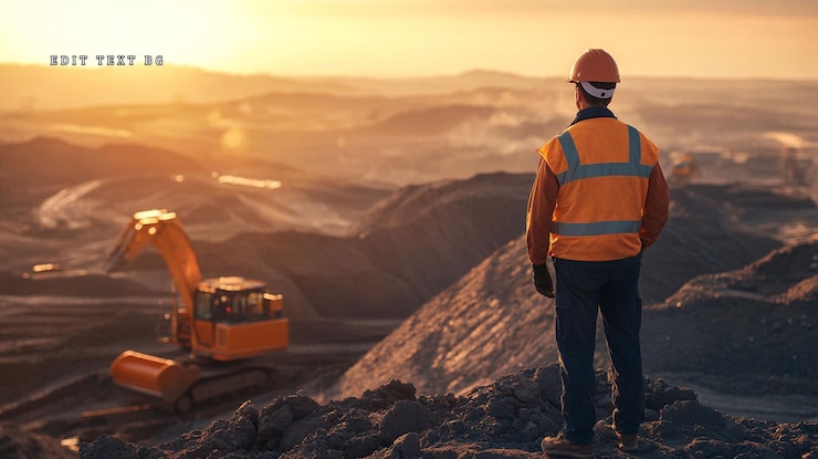 PSD ingeniero de minas con vistas a una gran mina a cielo abierto al atardecer