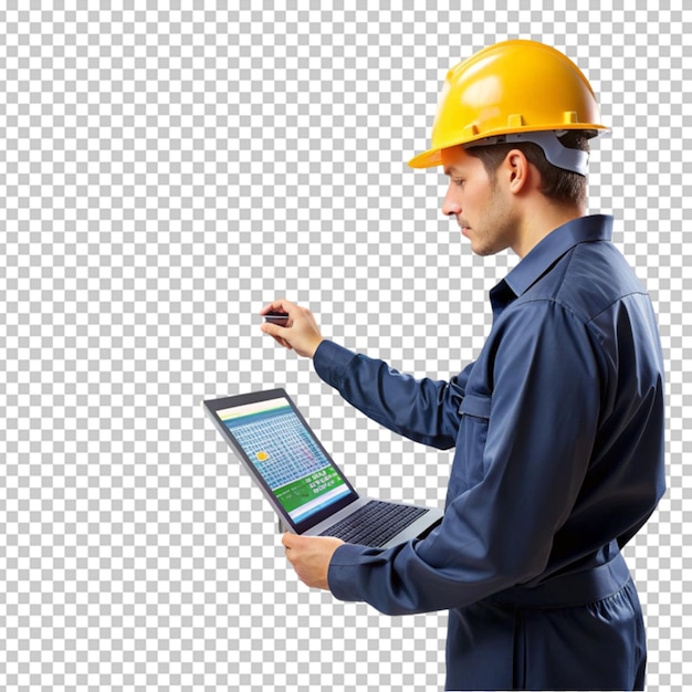 Ingeniero profesional en hardhat apunta a la pantalla de la computadora portátil para la ingeniería de software informático