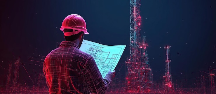 PSD ingeniero que planea un sitio industrial futurista