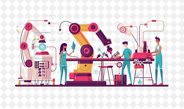 PSD ingeniero de robótica futurista con personajes de construcción y pr png gente en la ilustración de trabajo diario