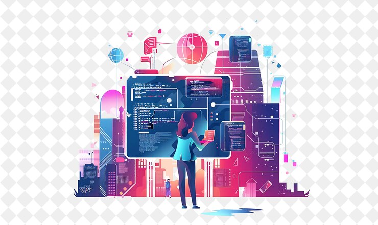 PSD ingeniero de software futurista con codificación de caracteres y deve png gente en ilustración de trabajo diario