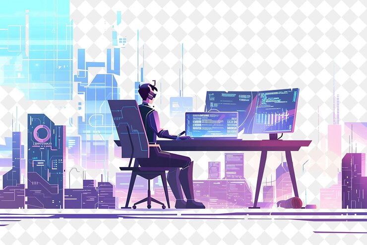 PSD ingeniero de software futurista con codificación de caracteres y deve png gente en ilustración de trabajo diario