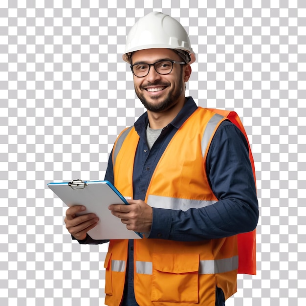 Un ingeniero sonriente con uniforme de seguridad y sosteniendo un clipboard de trabajo en un fondo transparente