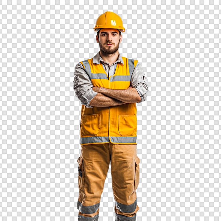PSD ingeniero trabajador de la construcción con chaleco y casco en un fondo transparente