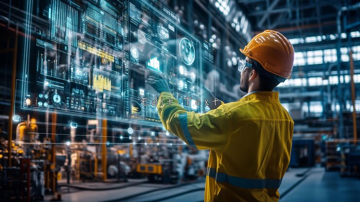 PSD ingeniero usando interfaz futurista en la fábrica