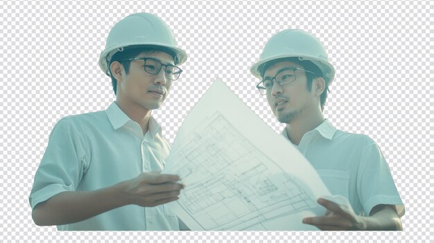 Ingenieros revisando planos de construcción al aire libre a la luz del sol de la tarde discutiendo detalles del proyecto y diseños para el progreso de la construcción