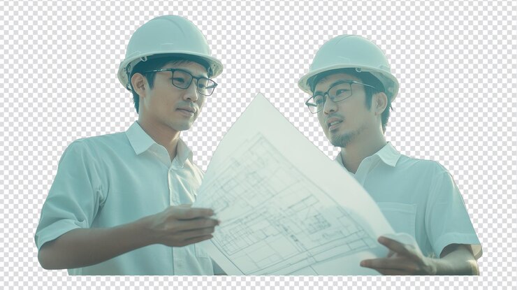 PSD ingenieros revisando planos de construcción al aire libre a la luz del sol de la tarde discutiendo detalles del proyecto y diseños para el progreso de la construcción
