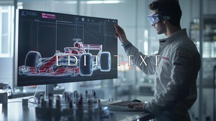 PSD ingenieur, der augmented reality verwendet, um ein rennwagen auf einem großen monitor zu entwerfen