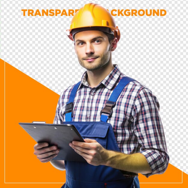 Ingenieur, der ein Clipboard mit durchsichtigem Hintergrund hält