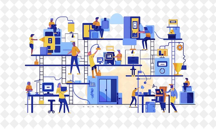PSD ingénieur devops dynamique avec des personnages déployés et managi png people dans l'illustration du travail quotidien