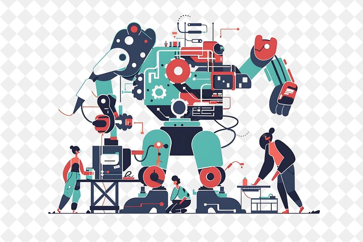 PSD ingénieur expérimenté avec des caractères construire et tester mac png les gens dans l'illustration du travail quotidien