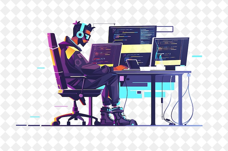 PSD ingénieur logiciel futuriste avec codage de caractères et deve png les gens dans l'illustration du travail quotidien