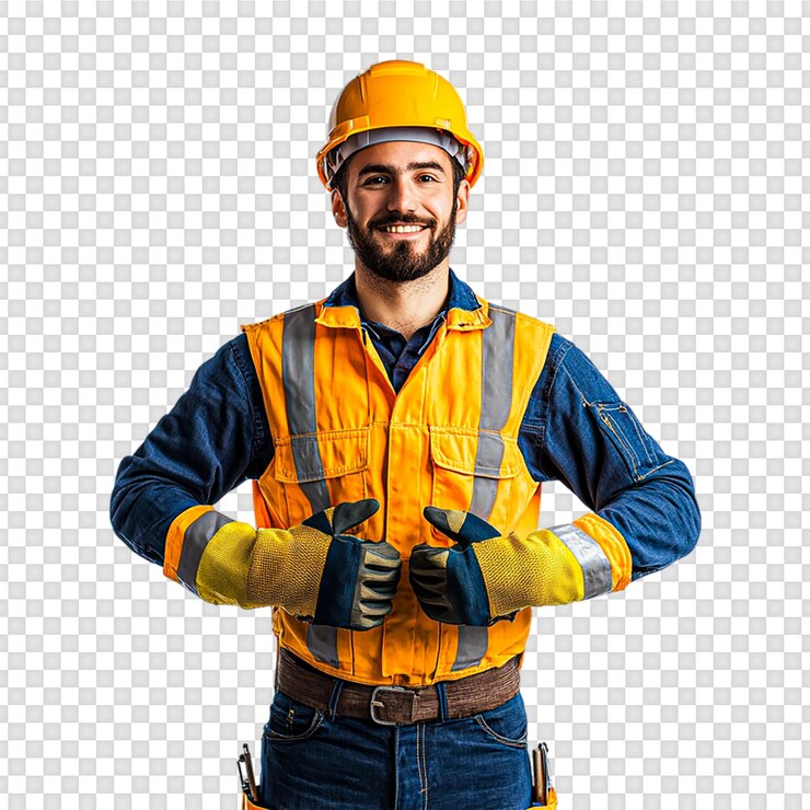 PSD ingénieur ouvrier de la construction avec gilet et casque sur un fond transparent