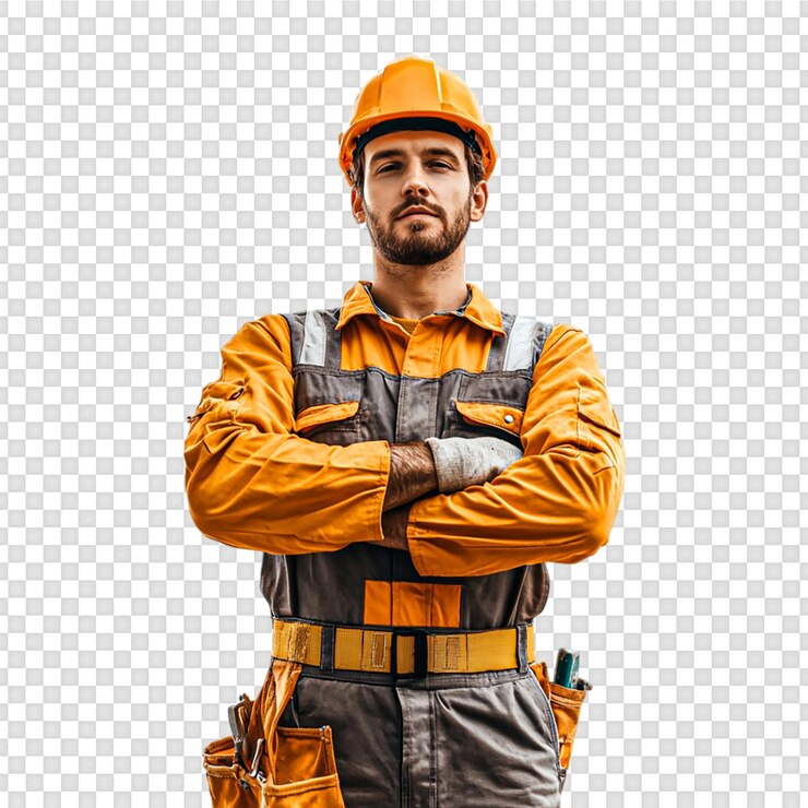 PSD ingénieur ouvrier de la construction avec gilet et casque sur un fond transparent