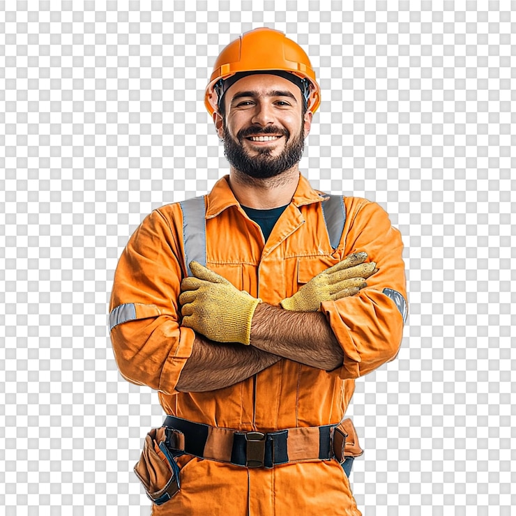 PSD ingénieur ouvrier de la construction avec gilet et casque sur un fond transparent