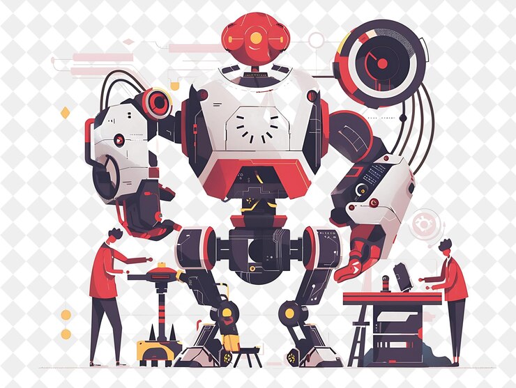 PSD ingénieur de robotique futuriste avec la construction de personnages et les gens de png dans l'illustration du travail quotidien