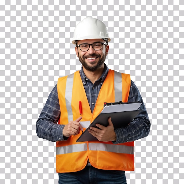 PSD un ingénieur souriant portant un uniforme de sécurité et tenant un bloc-notes de travail sur un fond transparent