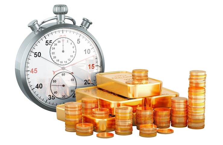 PSD ingots de oro y monedas de oro con representación 3d de cronómetro aislados sobre un fondo transparente