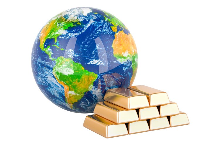 PSD ingots de oro con representación 3d del globo terrestre aislados sobre un fondo transparente