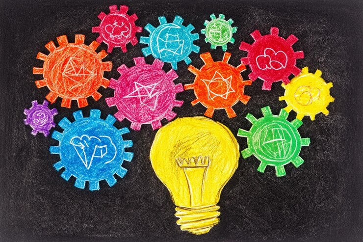 PSD ingranaggi colorati incrociati attorno a una lampadina su una lavagna che simboleggiano la generazione di idee e l'innovazione