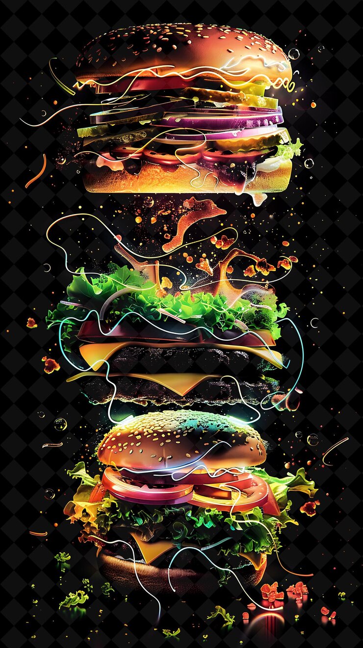 PSD ingredientes de burger luminescentes glowing explodindo e disinte neon cor alimentos bebidas coleção y2k