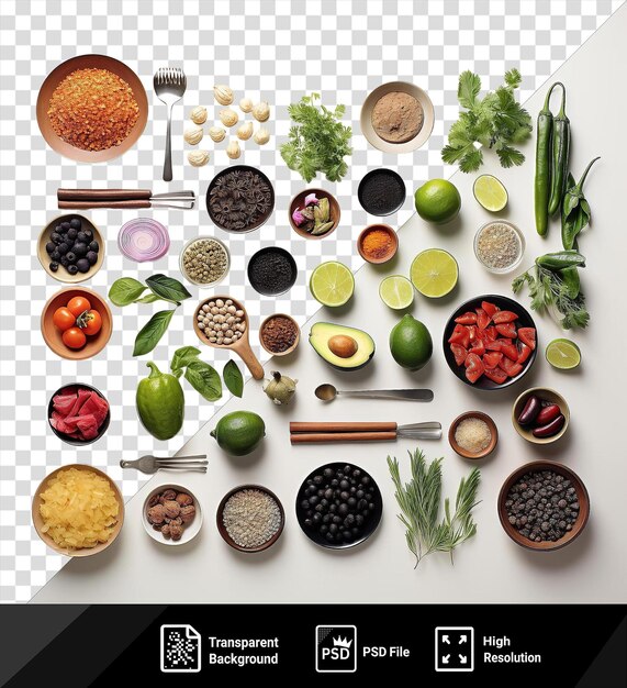 PSD ingredientes de cozinha vegana gourmet colocados em uma mesa a xadrez com uma variedade de tigelas e utensílios, incluindo um garfo de prata, uma faca de prata e uma tigela castanha.