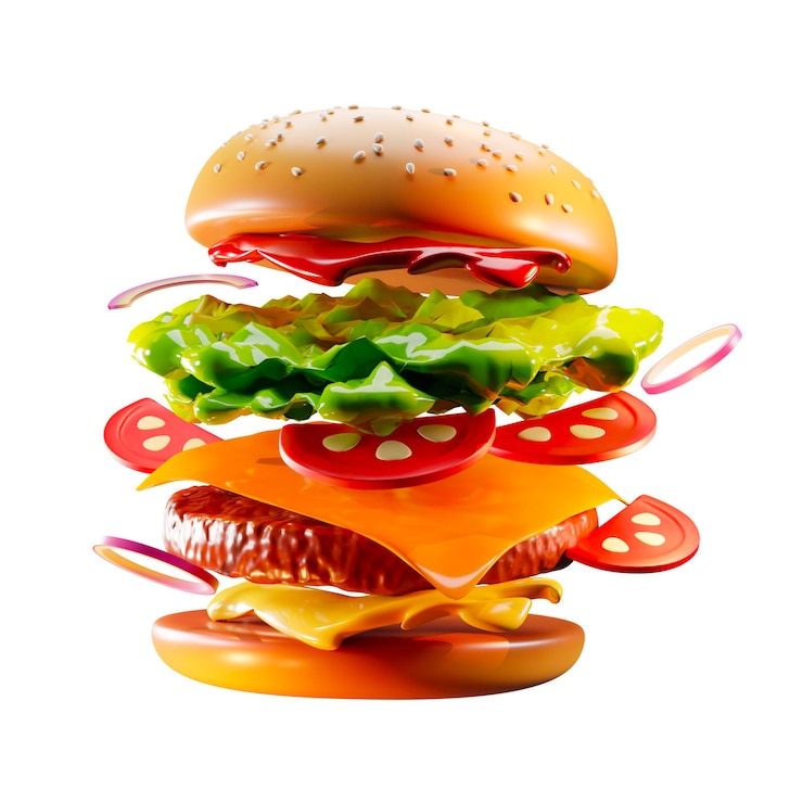 PSD ingredientes deliciosos de um hambúrguer clássico isolado renderização 3d