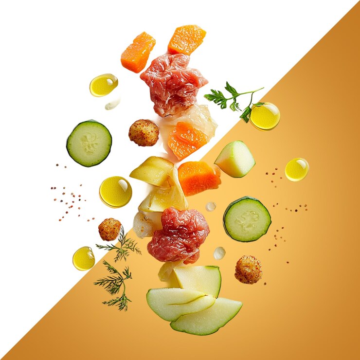 PSD ingredientes deliciosos y frescos en un creativo arreglo flotante y artístico de comida