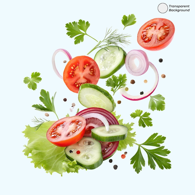 PSD ingredientes frescos de salada flutuando contra um fundo claro