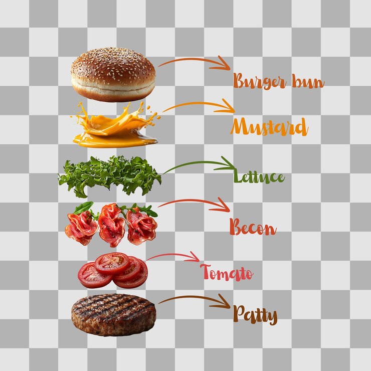 PSD ingredientes de hamburguesa png hamburguesa lista aislada sobre un fondo blanco diseñada y generada por tecnología de ia