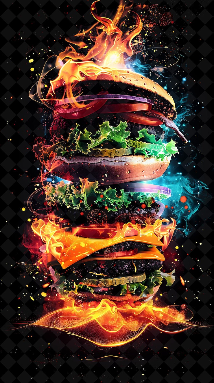 PSD ingredientes de hamburguesas luminescentes y brillantes que explotan y desintejan el color de neón comida bebida colección y2k