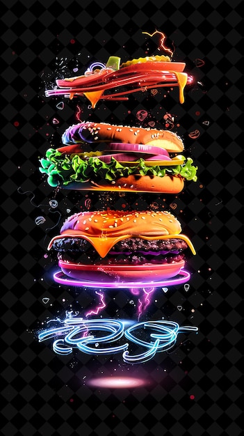 Ingredientes de hamburguesas luminescentes y brillantes que explotan y desintejan el color de neón Comida Bebida Colección Y2K
