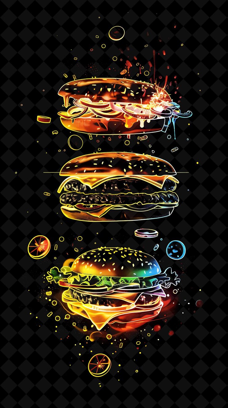 PSD ingredientes de hamburguesas luminescentes y brillantes que explotan y desintejan el color de neón comida bebida colección y2k