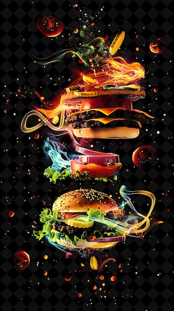 Ingredientes de hamburguesas luminescentes y brillantes que explotan y desintejan colores de neón comida bebida colección y2k