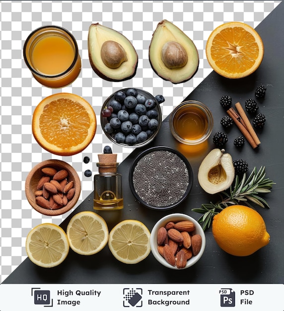 PSD ingredientes saudáveis premium smoothie colocados em uma mesa preta, incluindo laranjas, limões e uma pequena tigela branca